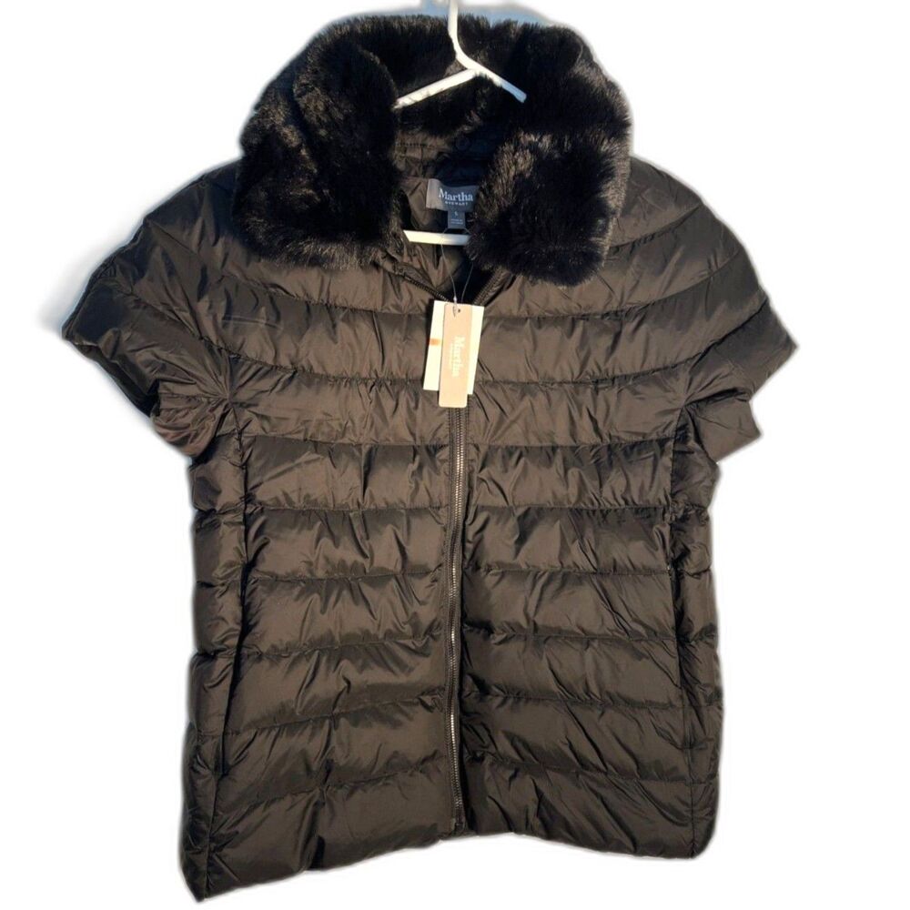 Martha Stewart Harvest +Holiday Cap Sleeve Puffer Vest Moonstone Black SZ S NEW